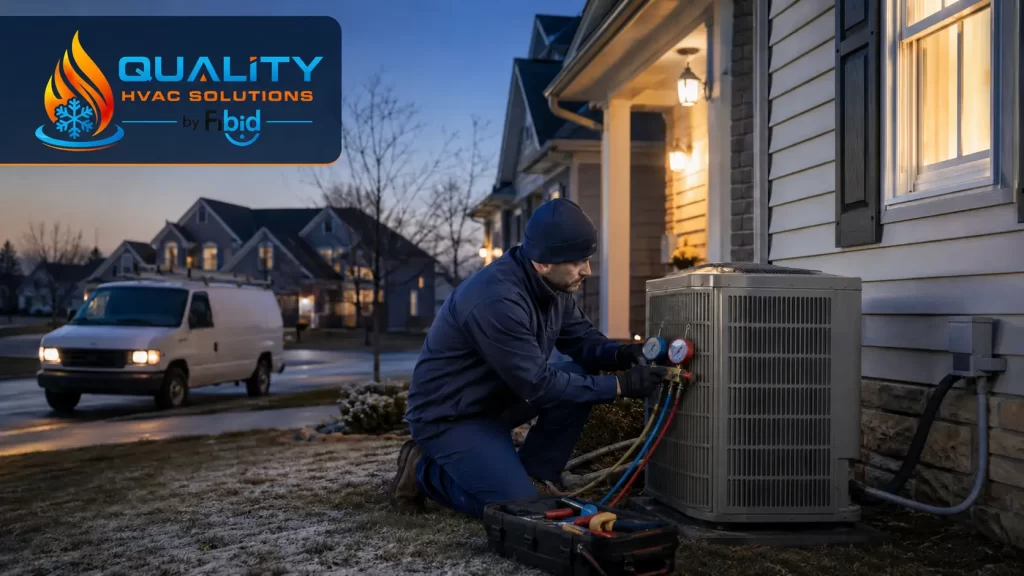 Emergency HVAC technician servicing a residential heating and cooling system in Illinois.