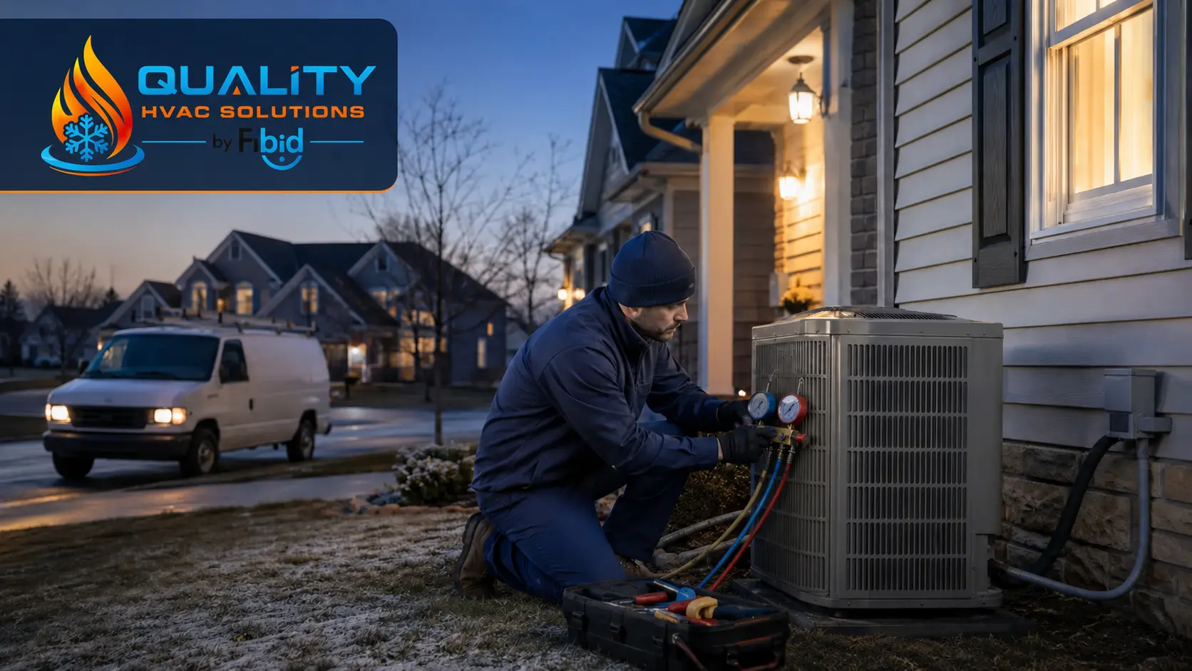 Emergency HVAC technician servicing a residential heating and cooling system in Illinois.